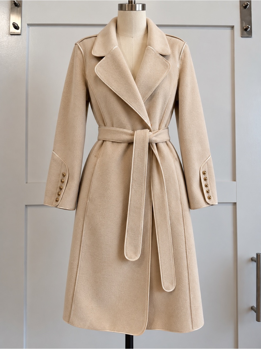 Faweizi Women’s Long Coat Size 38 Beige Classic Button Front Elegant Overcoat